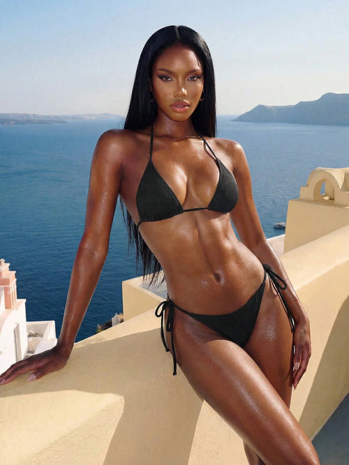 Swim Basics 2026 Spring/Summer Black Special Fabric Women's Bikini Swimsuit, Thin Shoulder Straps Halter Neck Solid Color Sexy Side Tie Thong Two-Piece Swimwear