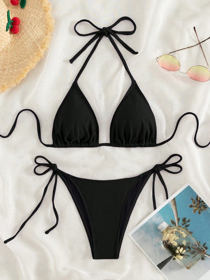 Swim Basics 2026 Spring/Summer Black Special Fabric Women's Bikini Swimsuit, Thin Shoulder Straps Halter Neck Solid Color Sexy Side Tie Thong Two-Piece Swimwear