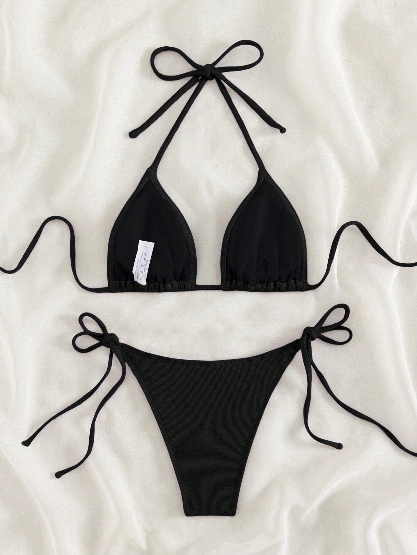 Swim Basics 2026 Spring/Summer Black Special Fabric Women's Bikini Swimsuit, Thin Shoulder Straps Halter Neck Solid Color Sexy Side Tie Thong Two-Piece Swimwear