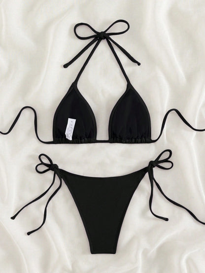 Swim Basics 2026 Spring/Summer Black Special Fabric Women's Bikini Swimsuit, Thin Shoulder Straps Halter Neck Solid Color Sexy Side Tie Thong Two-Piece Swimwear
