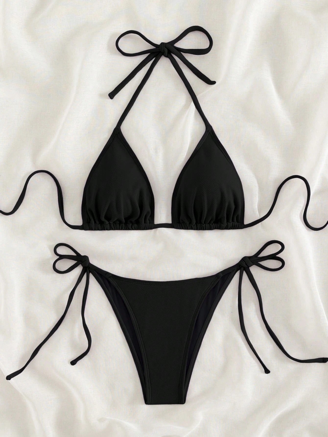 Swim Basics 2026 Spring/Summer Black Special Fabric Women's Bikini Swimsuit, Thin Shoulder Straps Halter Neck Solid Color Sexy Side Tie Thong Two-Piece Swimwear