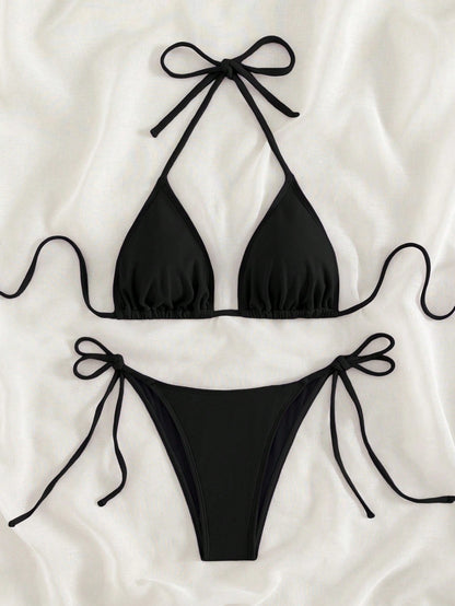 Swim Basics 2026 Spring/Summer Black Special Fabric Women's Bikini Swimsuit, Thin Shoulder Straps Halter Neck Solid Color Sexy Side Tie Thong Two-Piece Swimwear