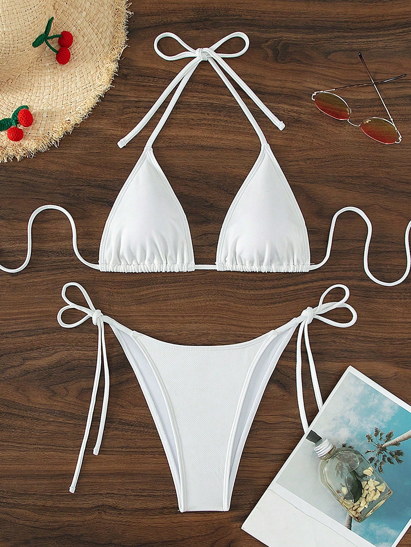 Swim Basics 2026 Spring/Summer Black Special Fabric Women's Bikini Swimsuit, Thin Shoulder Straps Halter Neck Solid Color Sexy Side Tie Thong Two-Piece Swimwear