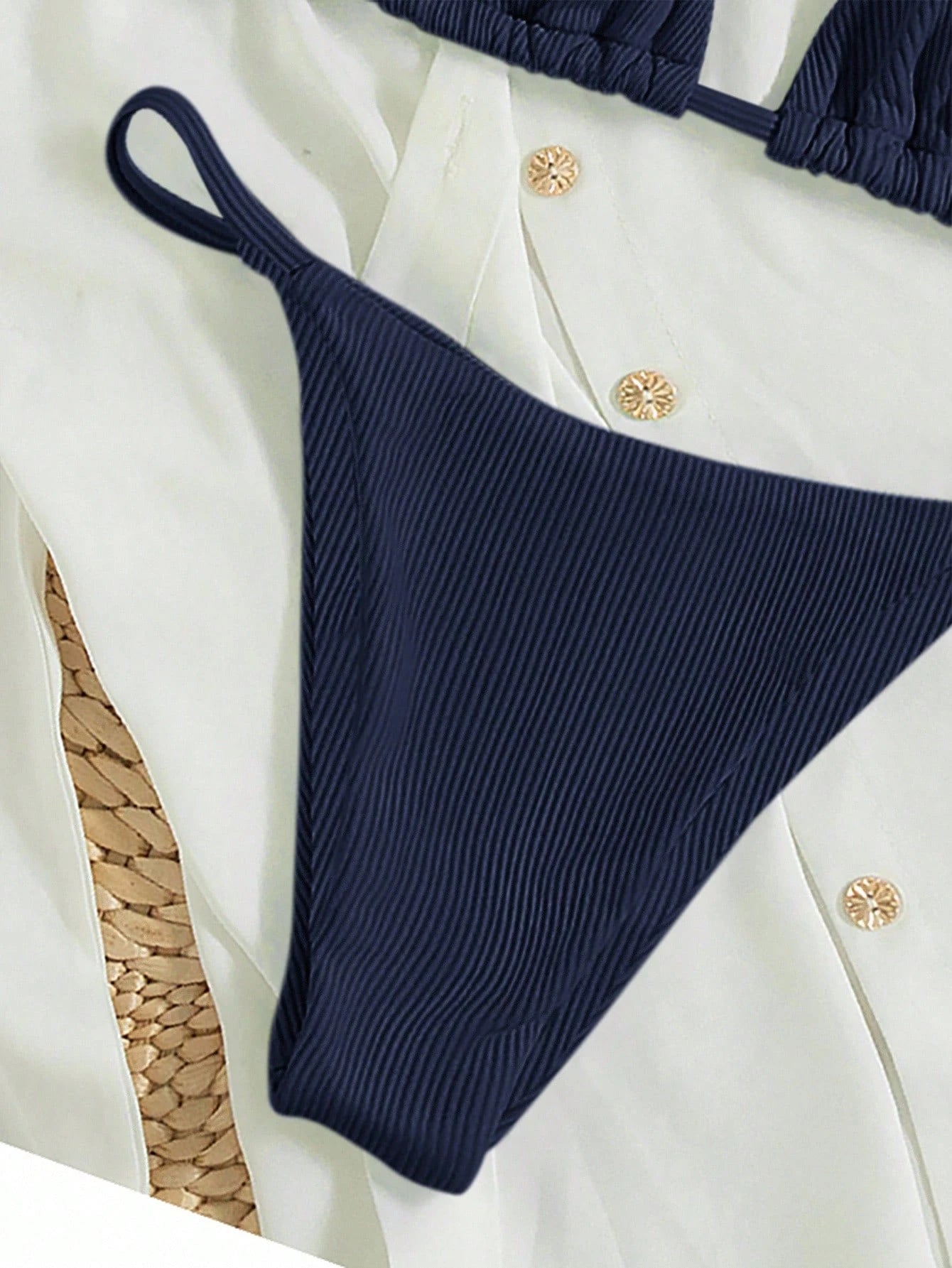 Swim Basics 2026 Spring/Summer Women's Vacation Special Fabric Spaghetti Strap Halter Neck Navy Blue Sexy Thong Bikini Two Pieces Swimsuit