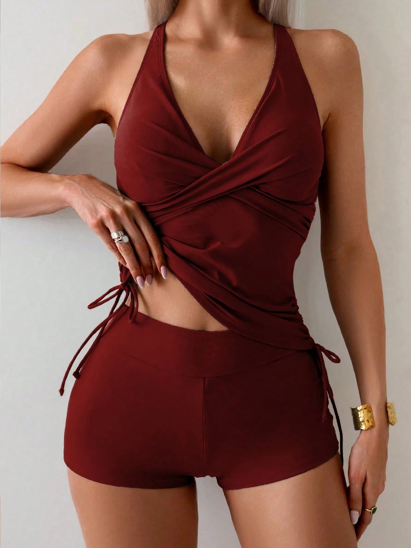 Swim Basics 2pcs Military Green Twist Cup Cross Back Ruched Drawstring Women Swimwear Set For Summer Beach Vacation