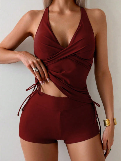 Swim Basics 2pcs Military Green Twist Cup Cross Back Ruched Drawstring Women Swimwear Set For Summer Beach Vacation