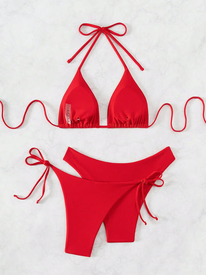 Swim Basics 3pcs Women's Summer Beach Solid Color Halter Tie Sexy Bikini Swimsuit Set