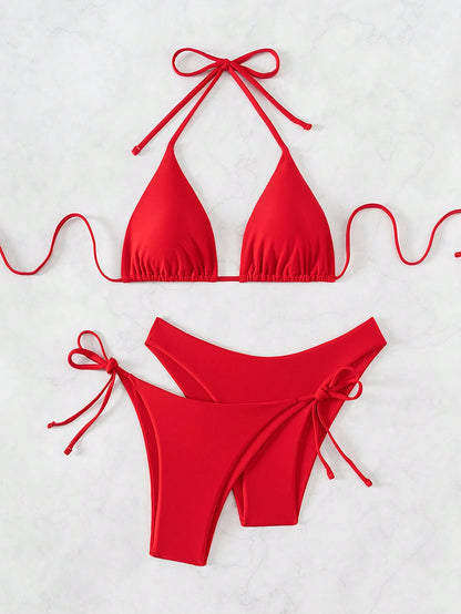Swim Basics 3pcs Women's Summer Beach Solid Color Halter Tie Sexy Bikini Swimsuit Set