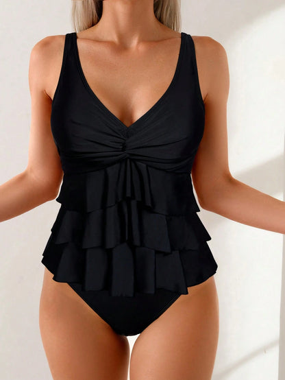 Swim Basics Solid Color Elegant Twist Skirt Tankini For Summer Beach Vacation