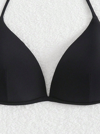 Swim Basics Solid Color Halter Backless Tie Bikini Top