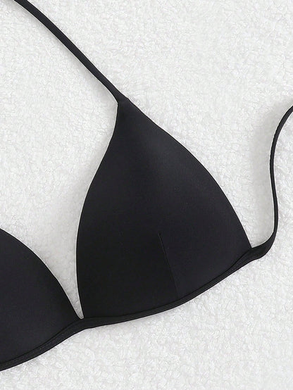 Swim Basics Solid Color Halter Backless Tie Bikini Top