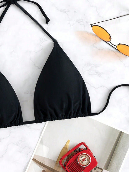 Swim Basics Solid Color Halter Neck Swimsuit Top For Beach & Vacation