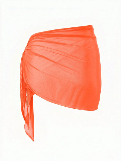 Swim Basics Solid Color Ruched Asymmetric Hem Tie-Front Skirt Romper Beach Vacation Burnt Orange Summer Casual Vacation