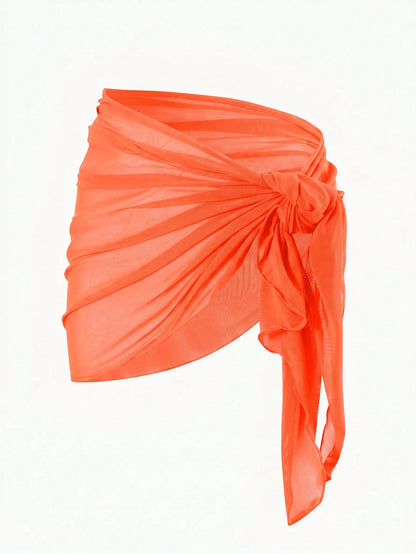 Swim Basics Solid Color Ruched Asymmetric Hem Tie-Front Skirt Romper Beach Vacation Burnt Orange Summer Casual Vacation