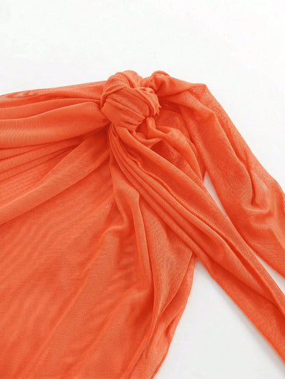 Swim Basics Solid Color Ruched Asymmetric Hem Tie-Front Skirt Romper Beach Vacation Burnt Orange Summer Casual Vacation