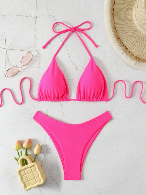 Swim Basics Solid Color V-Neck Halter Bikini Set, Beach Outfit Bathing Suit Summer,Summer Beach