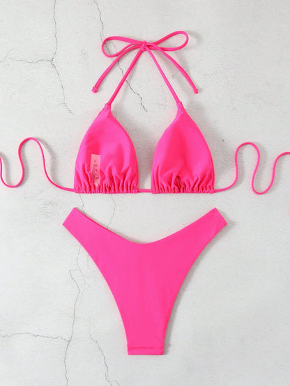 Swim Basics Solid Color V-Neck Halter Bikini Set, Beach Outfit Bathing Suit Summer,Summer Beach
