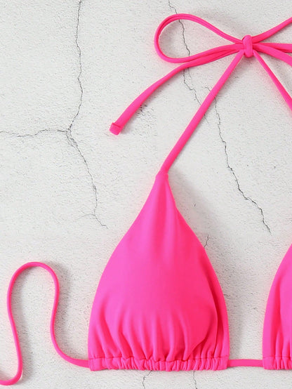 Swim Basics Solid Color V-Neck Halter Bikini Set, Beach Outfit Bathing Suit Summer,Summer Beach