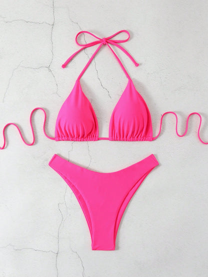 Swim Basics Solid Color V-Neck Halter Bikini Set, Beach Outfit Bathing Suit Summer,Summer Beach