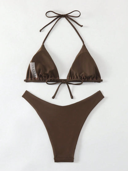 Swim Basics Solid Color V-Neck Halter Bikini Set, Beach Outfit Bathing Suit Summer,Summer Beach