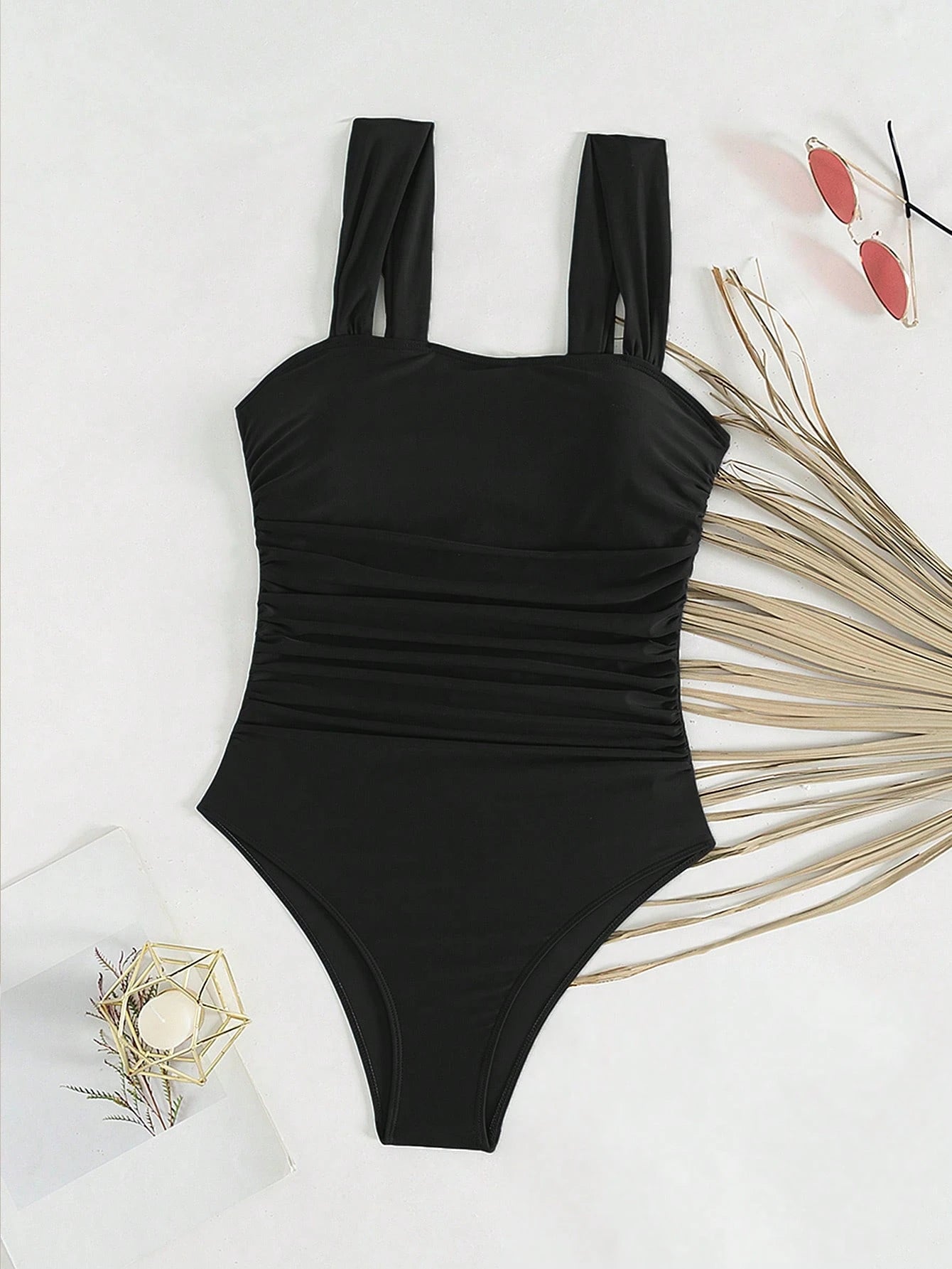 Swim Basics Springbreak Women's Solid Color Ruffle Straps Minimalist One Piece Swimsuit, Festival Boho For Summer Beach Vacation