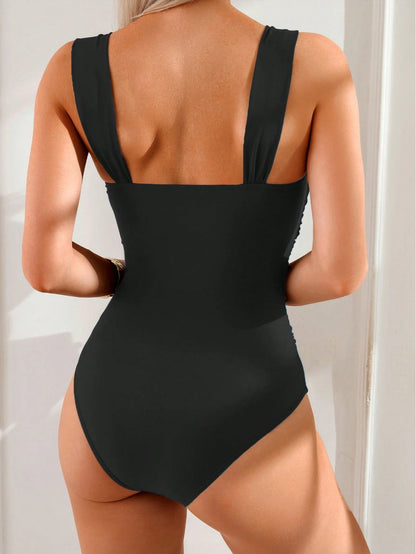 Swim Basics Springbreak Women's Solid Color Ruffle Straps Minimalist One Piece Swimsuit, Festival Boho For Summer Beach Vacation