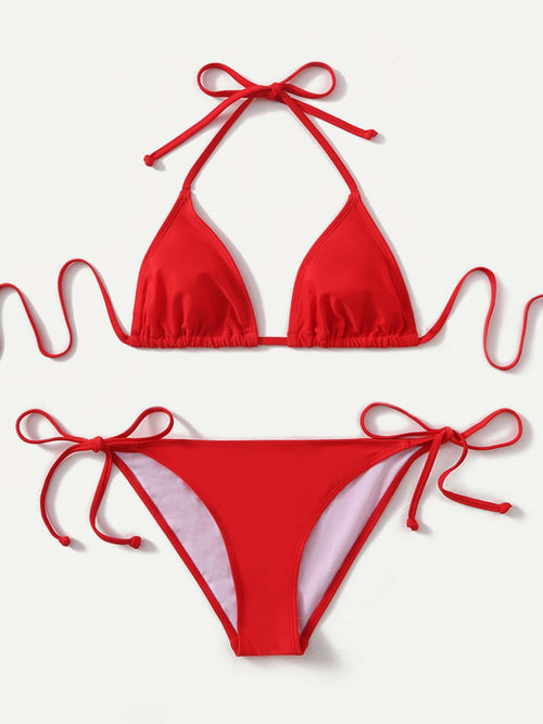 Swim Basics Summer Beach Mono Bikini Set Halter Triangle Bra & Tie Side Bottom 2 Pieces Bikini