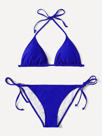 Swim Basics Summer Beach Mono Bikini Set Halter Triangle Bra & Tie Side Bottom 2 Pieces Bikini