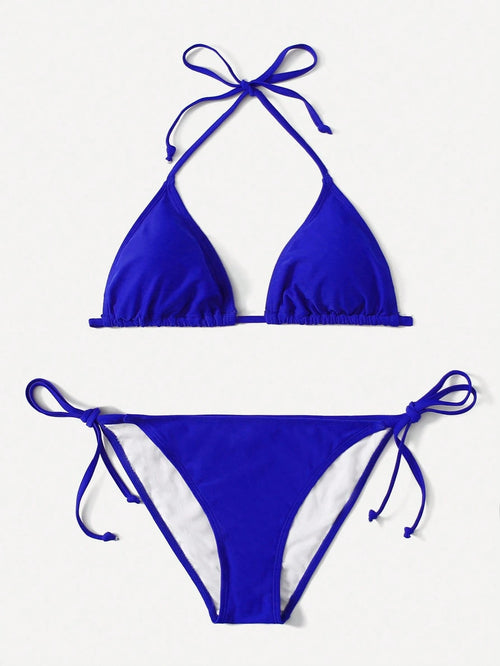 Swim Basics Summer Beach Mono Bikini Set Halter Triangle Bra & Tie Side Bottom 2 Pieces Bikini