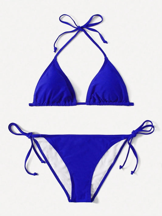 Swim Basics Summer Beach Mono Bikini Set Halter Triangle Bra & Tie Side Bottom 2 Pieces Bikini