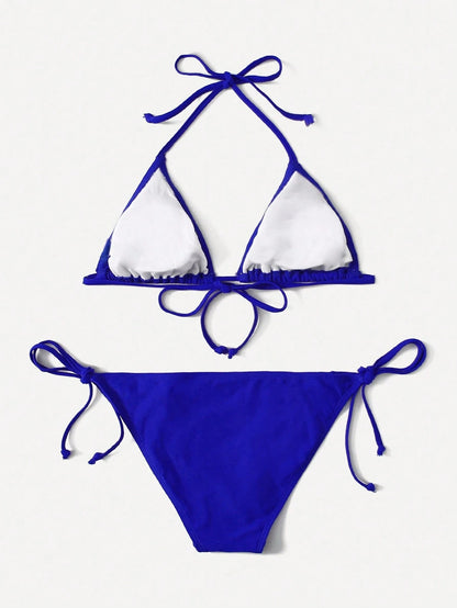 Swim Basics Summer Beach Mono Bikini Set Halter Triangle Bra & Tie Side Bottom 2 Pieces Bikini
