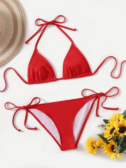 Swim Basics Summer Beach Mono Bikini Set Halter Triangle Bra & Tie Side Bottom 2 Pieces Bikini