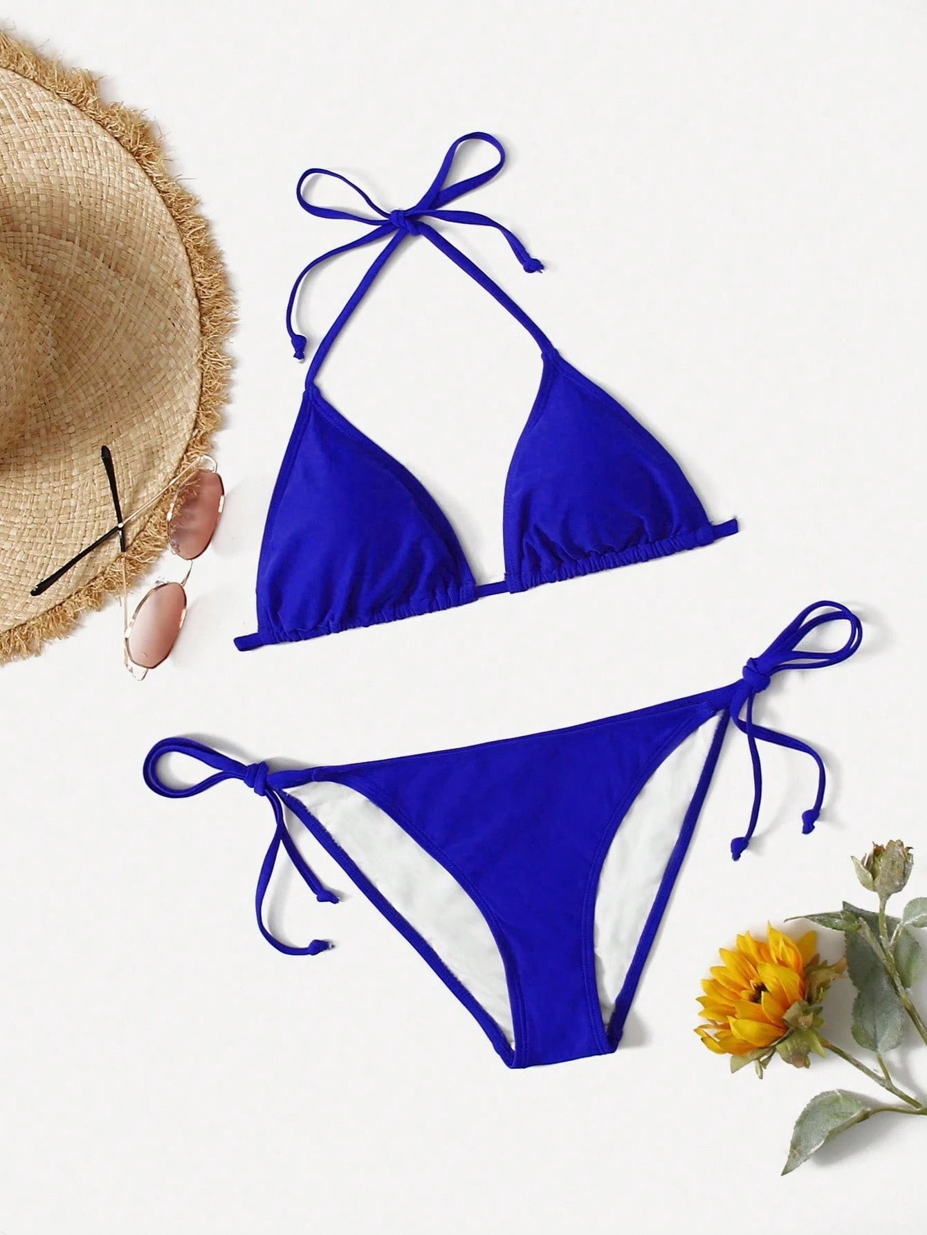 Swim Basics Summer Beach Mono Bikini Set Halter Triangle Bra & Tie Side Bottom 2 Pieces Bikini
