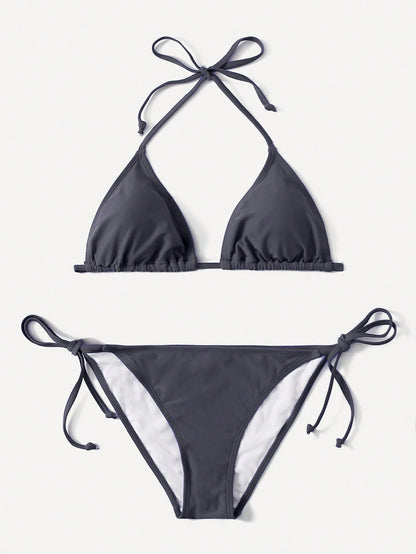 Swim Basics Summer Beach Mono Bikini Set Halter Triangle Bra & Tie Side Bottom 2 Pieces Bikini