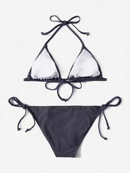 Swim Basics Summer Beach Mono Bikini Set Halter Triangle Bra & Tie Side Bottom 2 Pieces Bikini