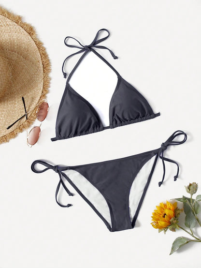Swim Basics Summer Beach Mono Bikini Set Halter Triangle Bra & Tie Side Bottom 2 Pieces Bikini