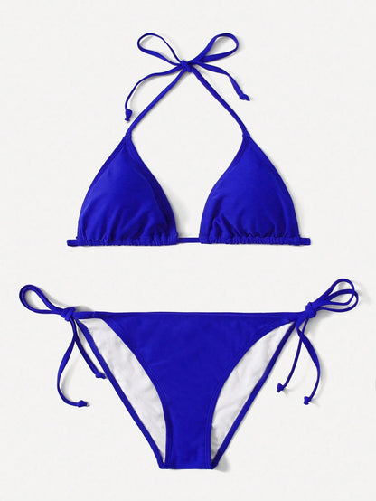 Swim Basics Summer Beach Mono Bikini Set Halter Triangle Bra & Tie Side Bottom 2 Pieces Bikini