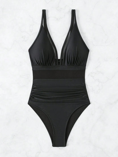 Swim Basics Summer Beach One Piece Mesh Contrast Swimsuit