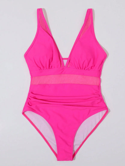 Swim Basics Summer Beach One Piece Mesh Contrast Swimsuit