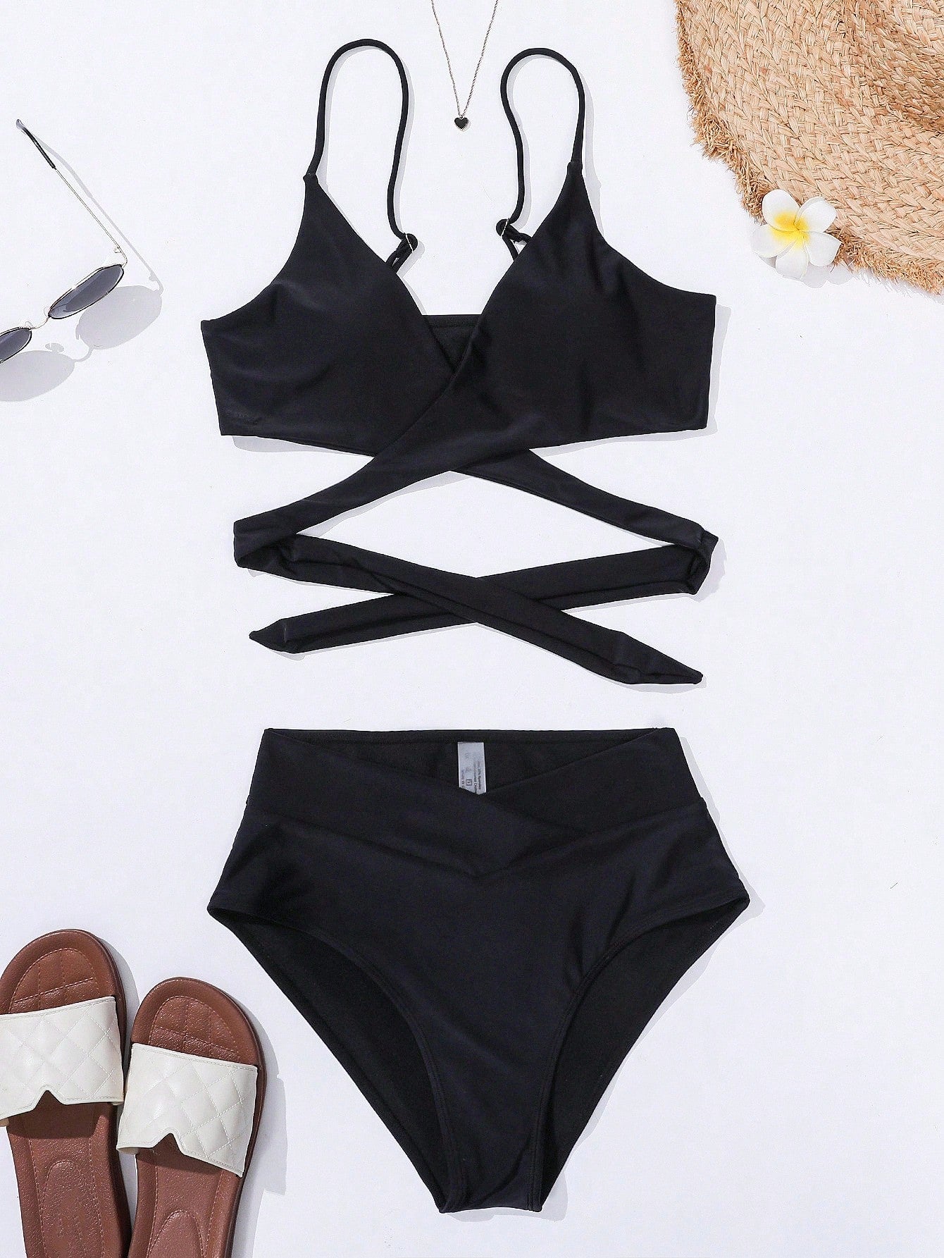 Swim Basics Summer Beach Solid Bikini Set Crisscross Tie Back Bra & Overlap High Waisted Bottom 2 Piece Bathing Suit