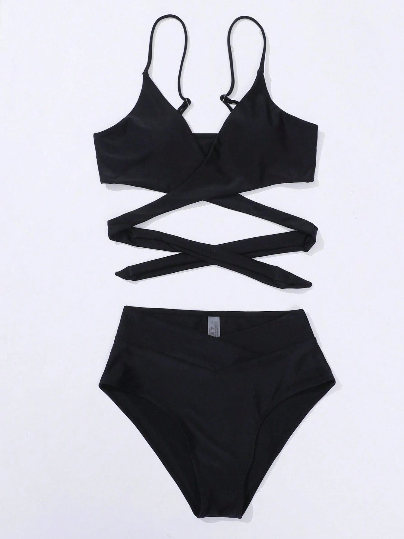 Swim Basics Summer Beach Solid Bikini Set Crisscross Tie Back Bra & Overlap High Waisted Bottom 2 Piece Bathing Suit