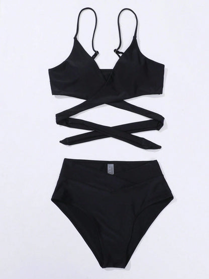 Swim Basics Summer Beach Solid Bikini Set Crisscross Tie Back Bra & Overlap High Waisted Bottom 2 Piece Bathing Suit