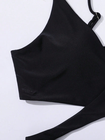 Swim Basics Summer Beach Solid Bikini Set Crisscross Tie Back Bra & Overlap High Waisted Bottom 2 Piece Bathing Suit