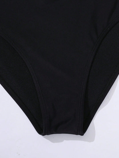 Swim Basics Summer Beach Solid Bikini Set Crisscross Tie Back Bra & Overlap High Waisted Bottom 2 Piece Bathing Suit