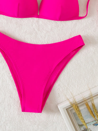 Swim Basics Summer Beach Solid Bikini Set Push Up Top & Bikini Bottom 2 Pieces Bathing Suit, Vacation Bikini