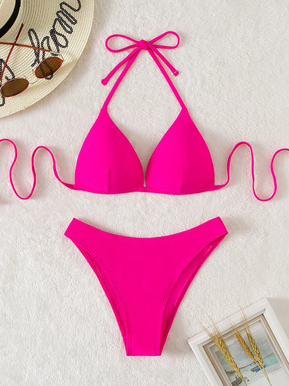 Swim Basics Summer Beach Solid Bikini Set Push Up Top & Bikini Bottom 2 Pieces Bathing Suit, Vacation Bikini