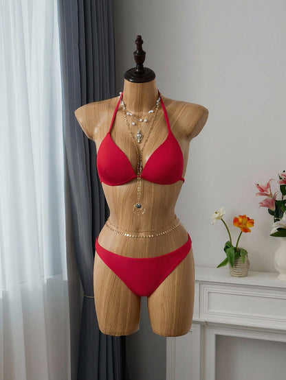 Swim Basics Summer Beach Solid Bikini Set Push Up Top & Bikini Bottom 2 Pieces Bathing Suit, Vacation Bikini