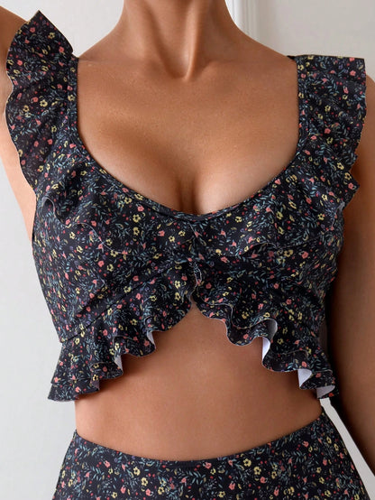 Swim Basics Summer Beach Vacation Allover Print Ditsy Print Ruffle Trim Spaghetti Strap Bikini Set