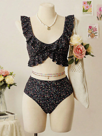 Swim Basics Summer Beach Vacation Allover Print Ditsy Print Ruffle Trim Spaghetti Strap Bikini Set