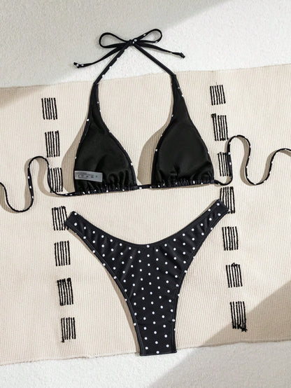 Swim Basics Women 2pcs/Set Polka Dot Printed Bikini Set, Black & White, Casual Resort Wear For Summer Beach Vacation